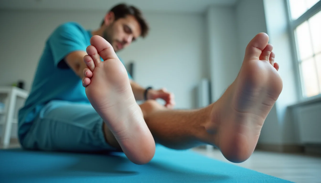 Eye-level view of a physiotherapist performing a knee rehabilitation exercise