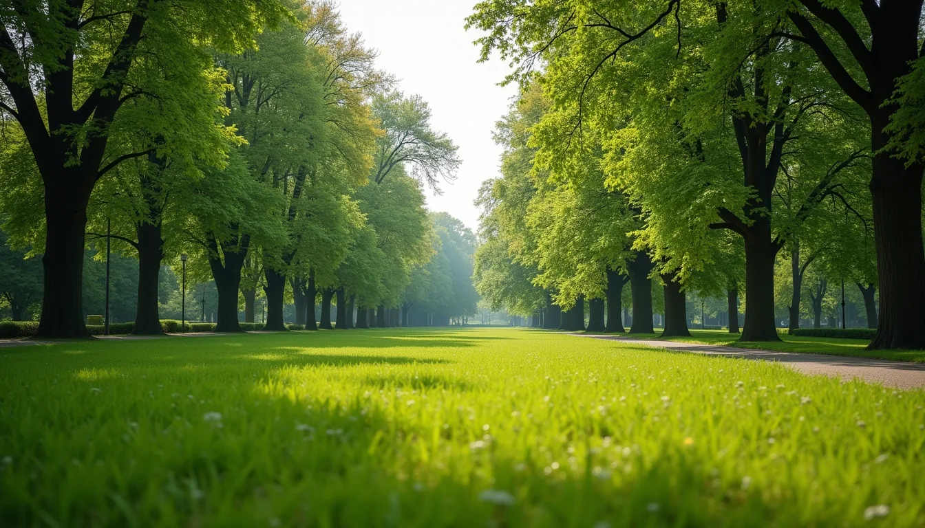 Eye-level view of a green park in Marcinelle with walking paths