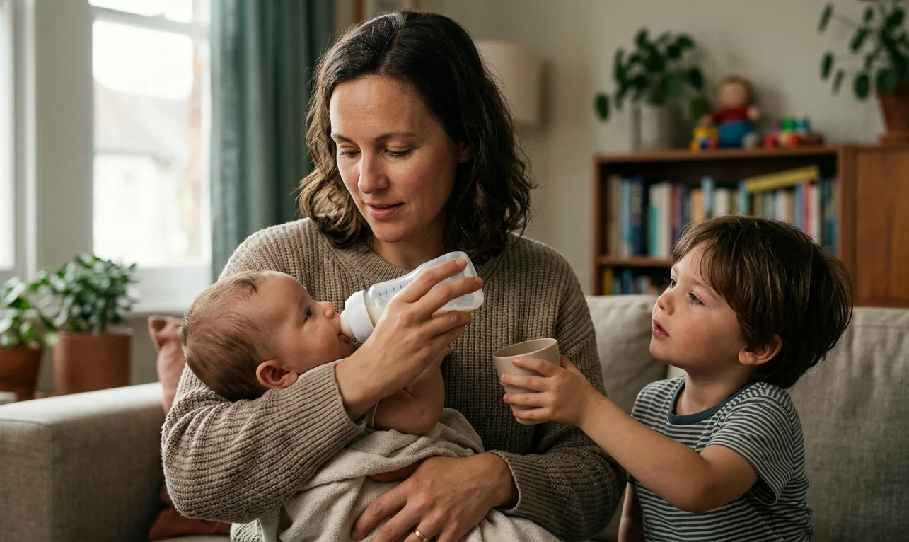 Maman nourrit le bébé tout en répondant à la demande de l'aîné.