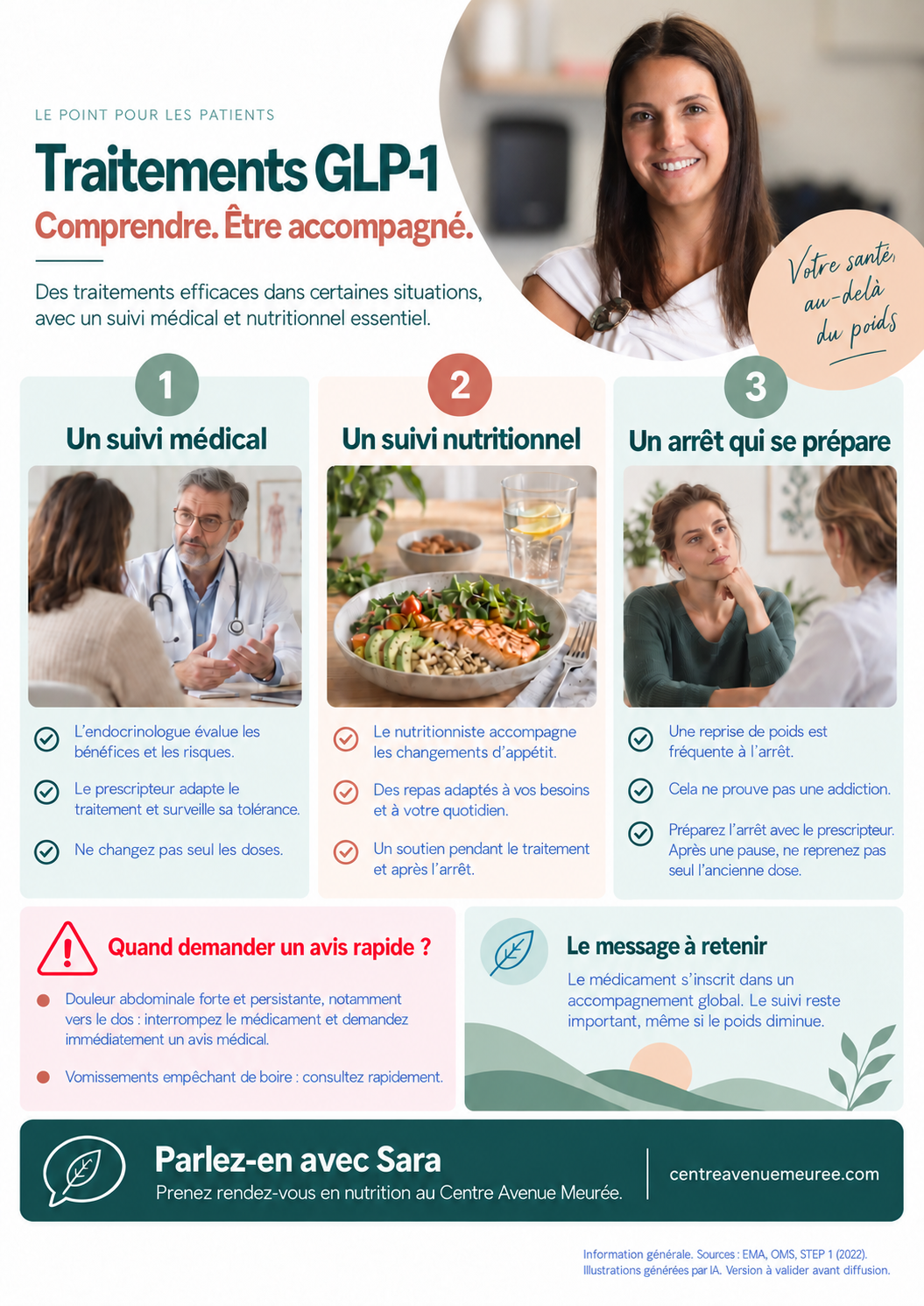 Traitements GLP-1 : suivi médical, accompagnement nutritionnel et arrêt préparé avec le prescripteur. Fiche récapitulative des conseils et signes d’alerte détaillés dans cet article.