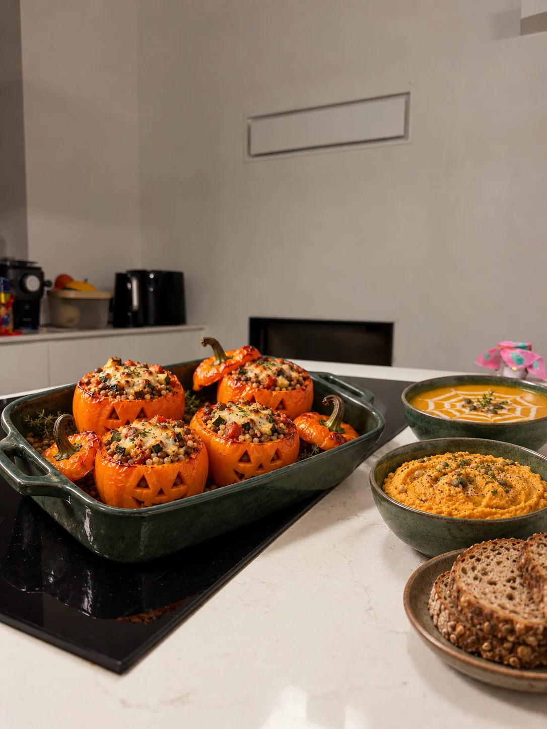 Poivrons-citrouilles farcis dans un plat vert sur le plan de travail
