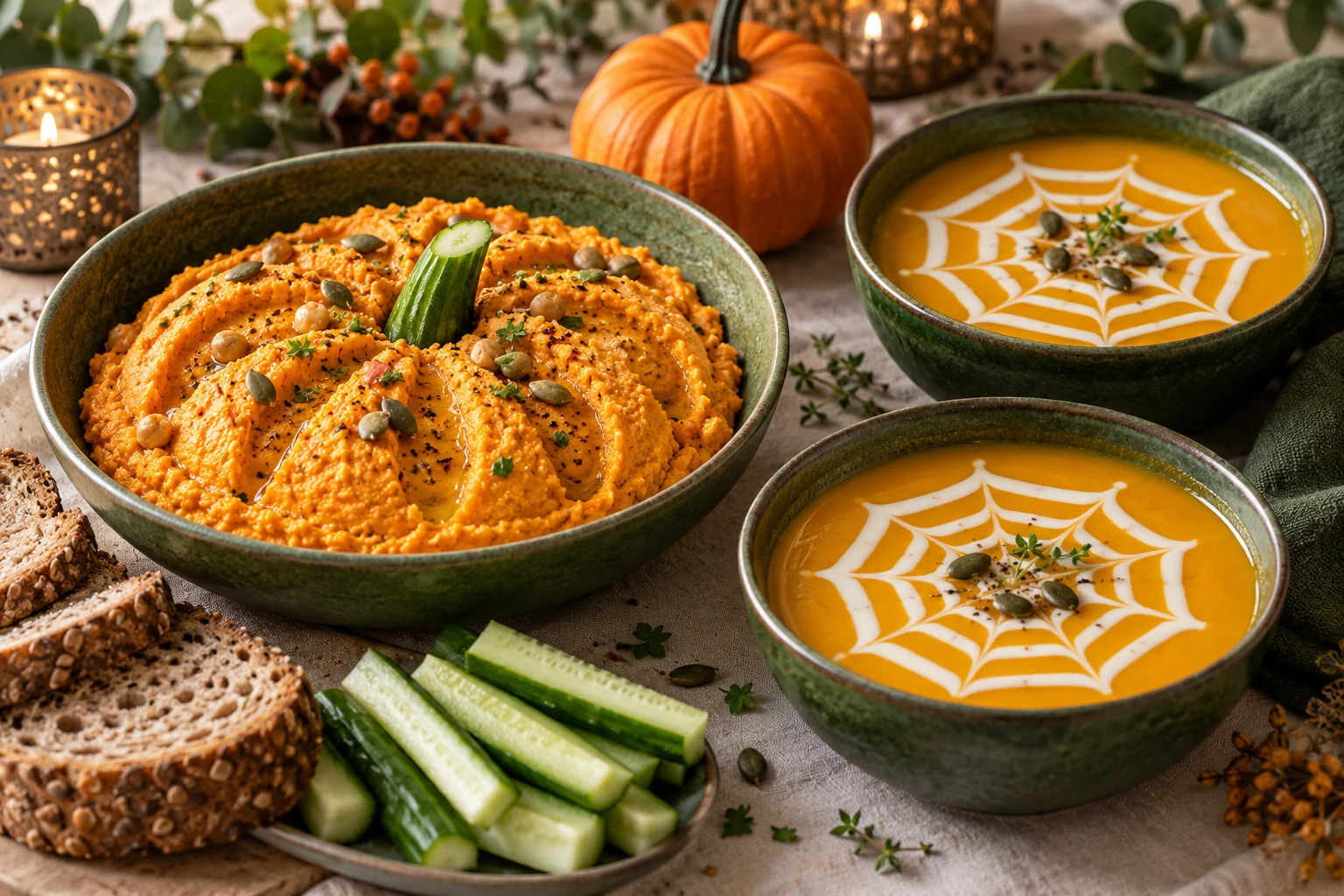 Houmous orange en forme de citrouille et velouté décoré d’une toile de yaourt