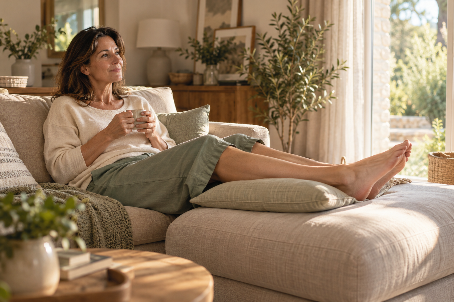 Femme au repos sur un canapé, les jambes surélevées sur un coussin